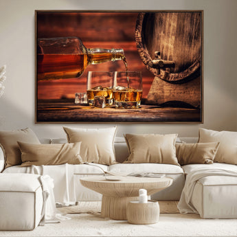 21266-MGV-CV-36X24-Pouring Whiskey into Glasses with Ice – Rustic Wooden Barrel Background, Warm Ambient Lighting, Ideal Decor for Home or Office
