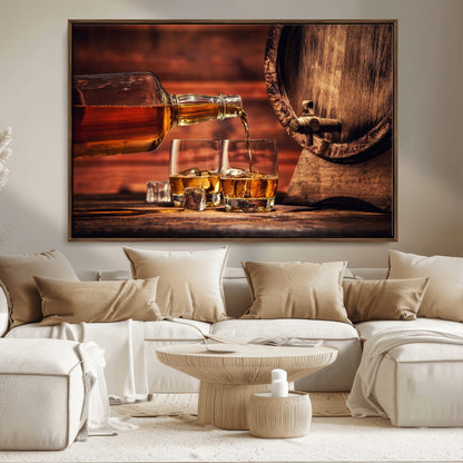 21266-MGV-CV-36X24-Pouring Whiskey into Glasses with Ice – Rustic Wooden Barrel Background, Warm Ambient Lighting, Ideal Decor for Home or Office