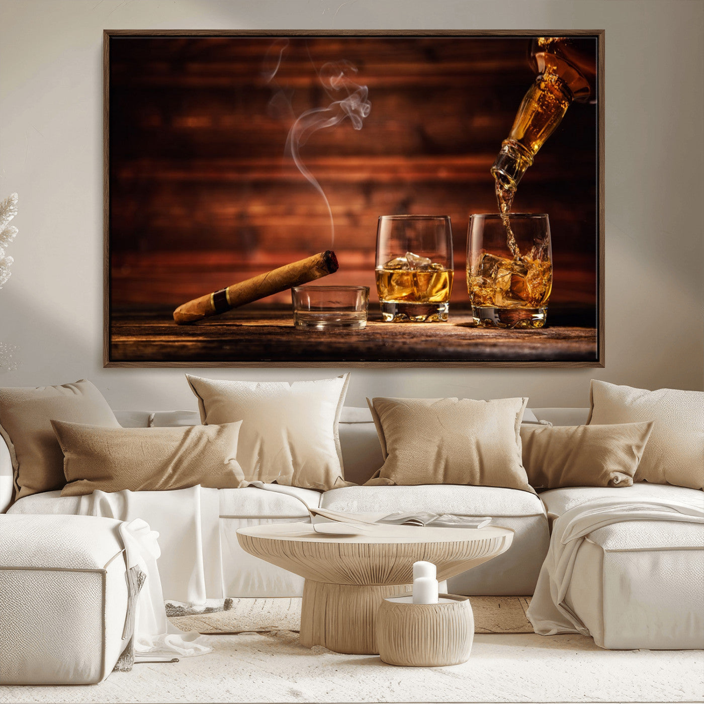 41139-MGV-FC-36X24_Walnut-Whiskey and Cigar Still Life – Glasses with Ice and Pouring Amber Drink on Wooden Table with Smoke, Elegant Bar or Lounge Wall