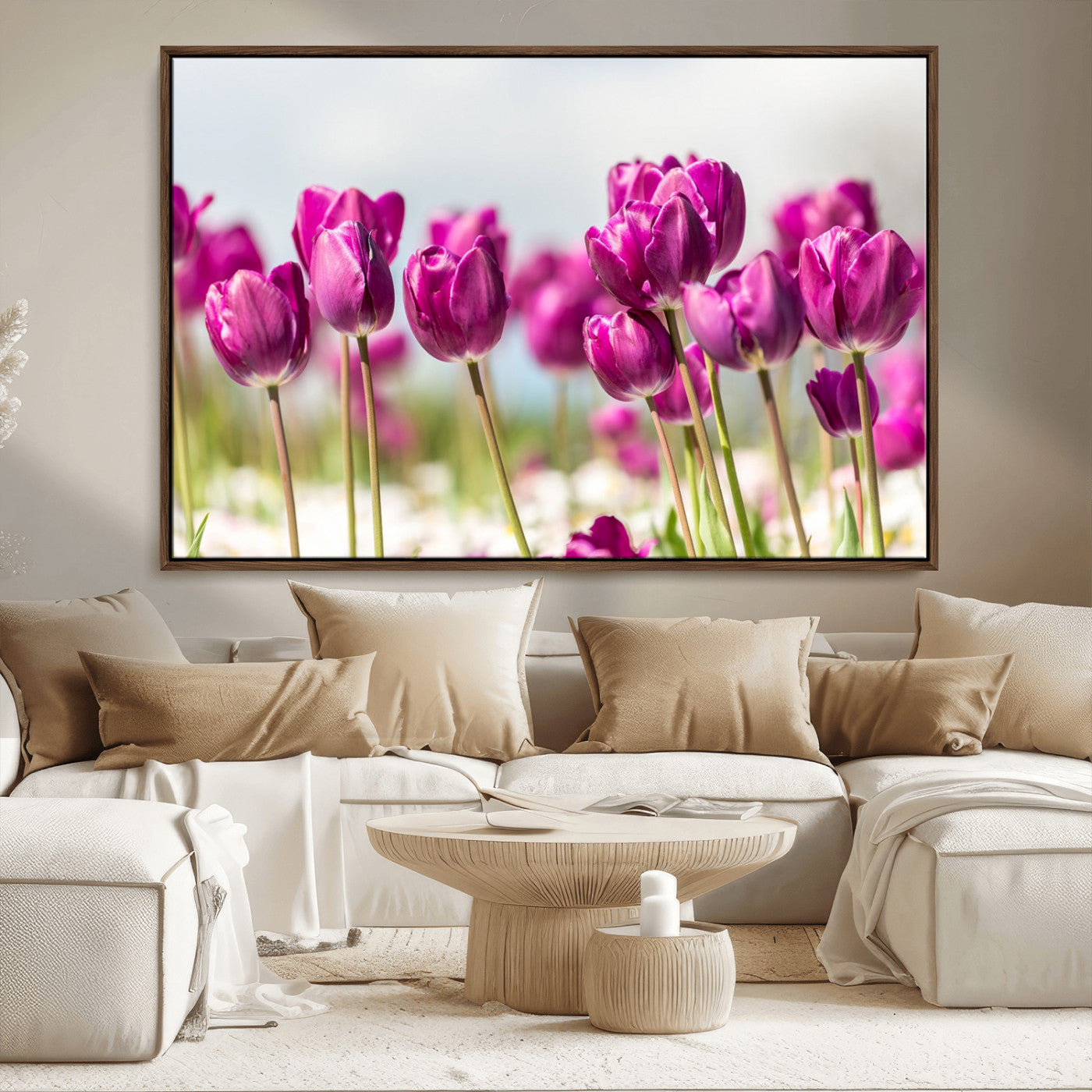 30632-MGV-FC-36X24_Walnut-Purple Tulip Field Wall Art – Beautiful Spring Flowers Canvas Print with Soft Focus and Bright Sky, Ideal Floral Decor for Home or
