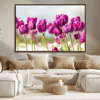 30632-MGV-FC-36X24_Walnut-Purple Tulip Field Wall Art – Beautiful Spring Flowers Canvas Print with Soft Focus and Bright Sky, Ideal Floral Decor for Home or