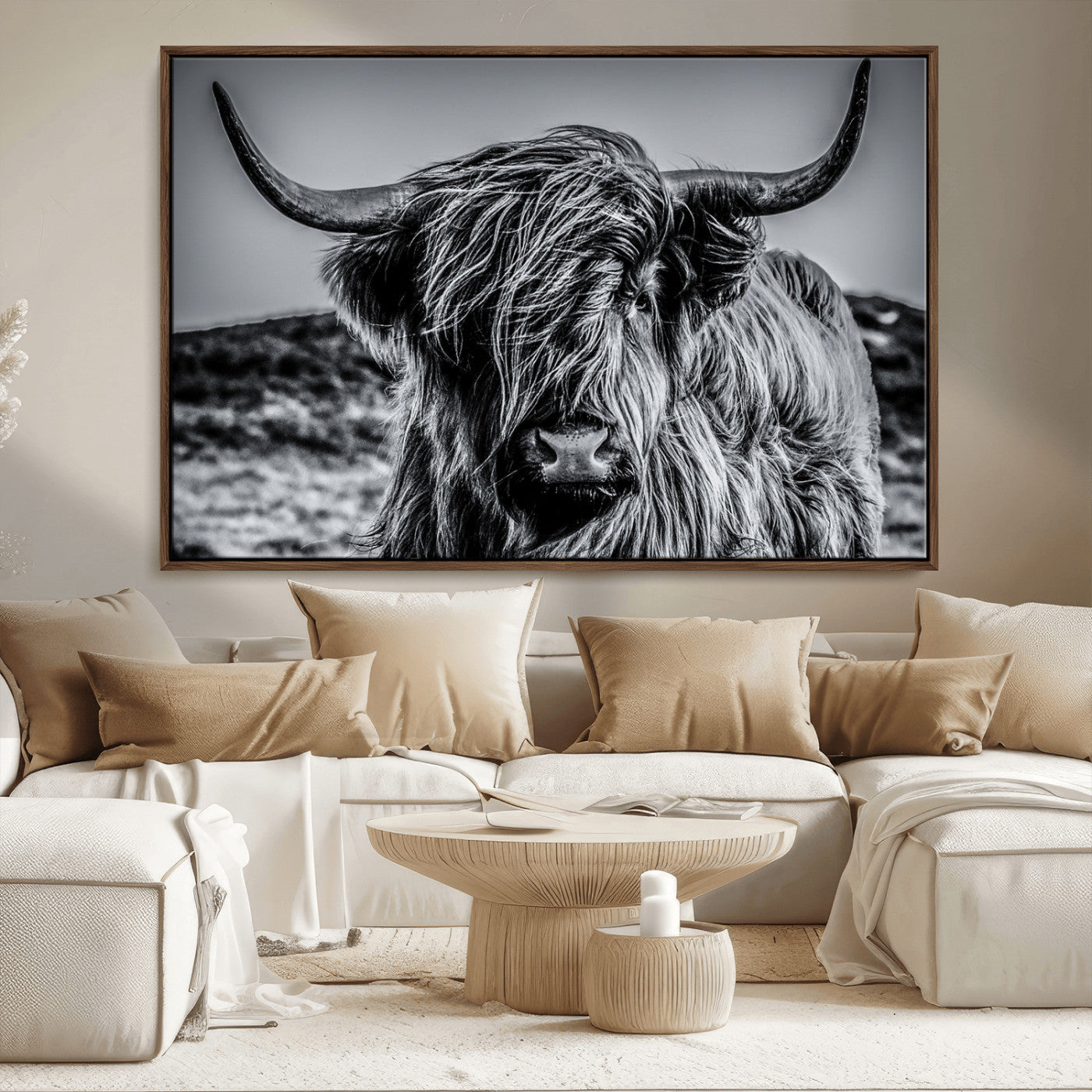 97372-MGV-CV-36X24-Elegant Highland Cow Wall Art – Black and White Canvas Print, Rustic Nature Decor for Home, Office, Living Room or Man Cave