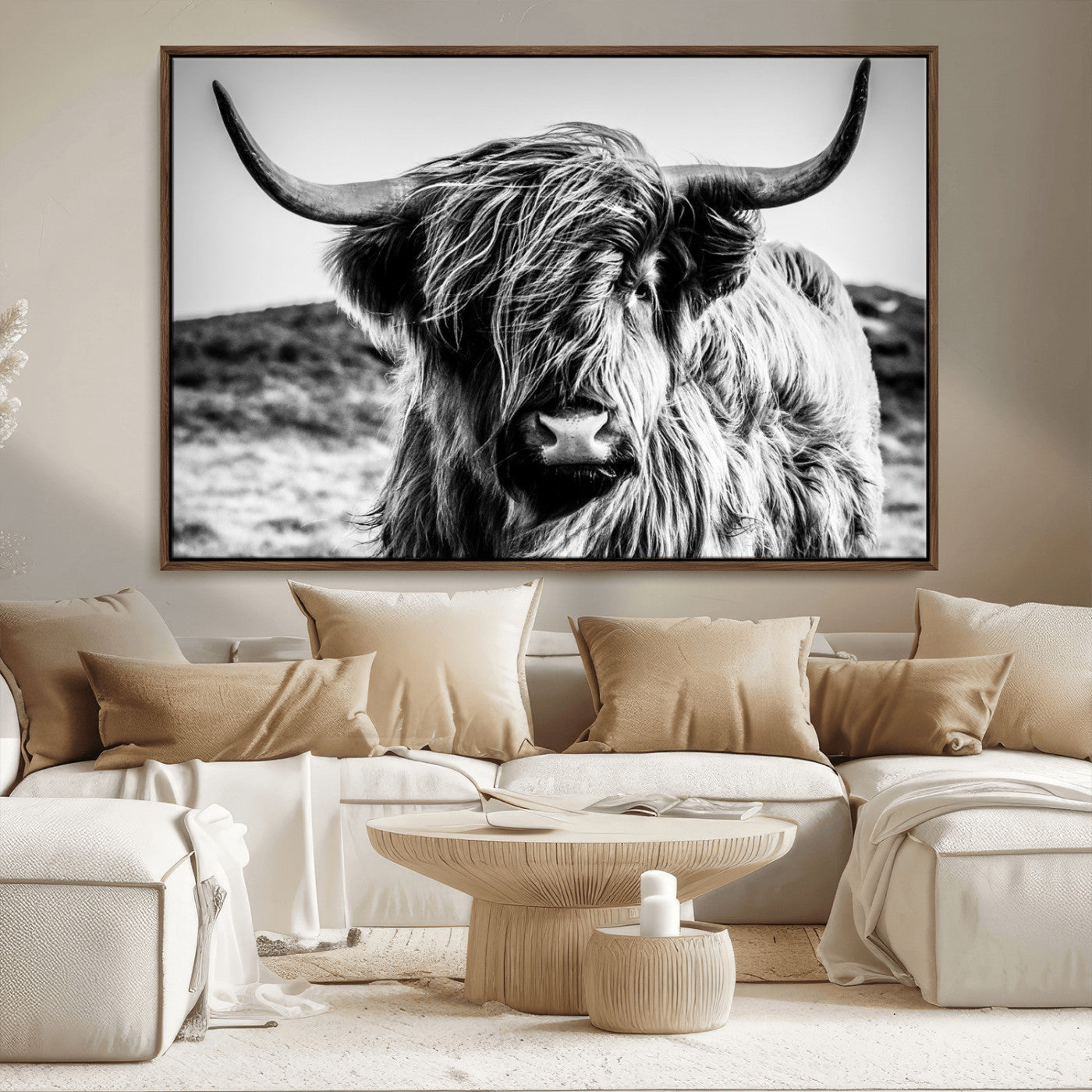 36979-MGV-FC-36X24_Walnut-Striking black-and-white portrait of a Highland cow with flowing fur and majestic horns, perfect for rustic and elegant home or