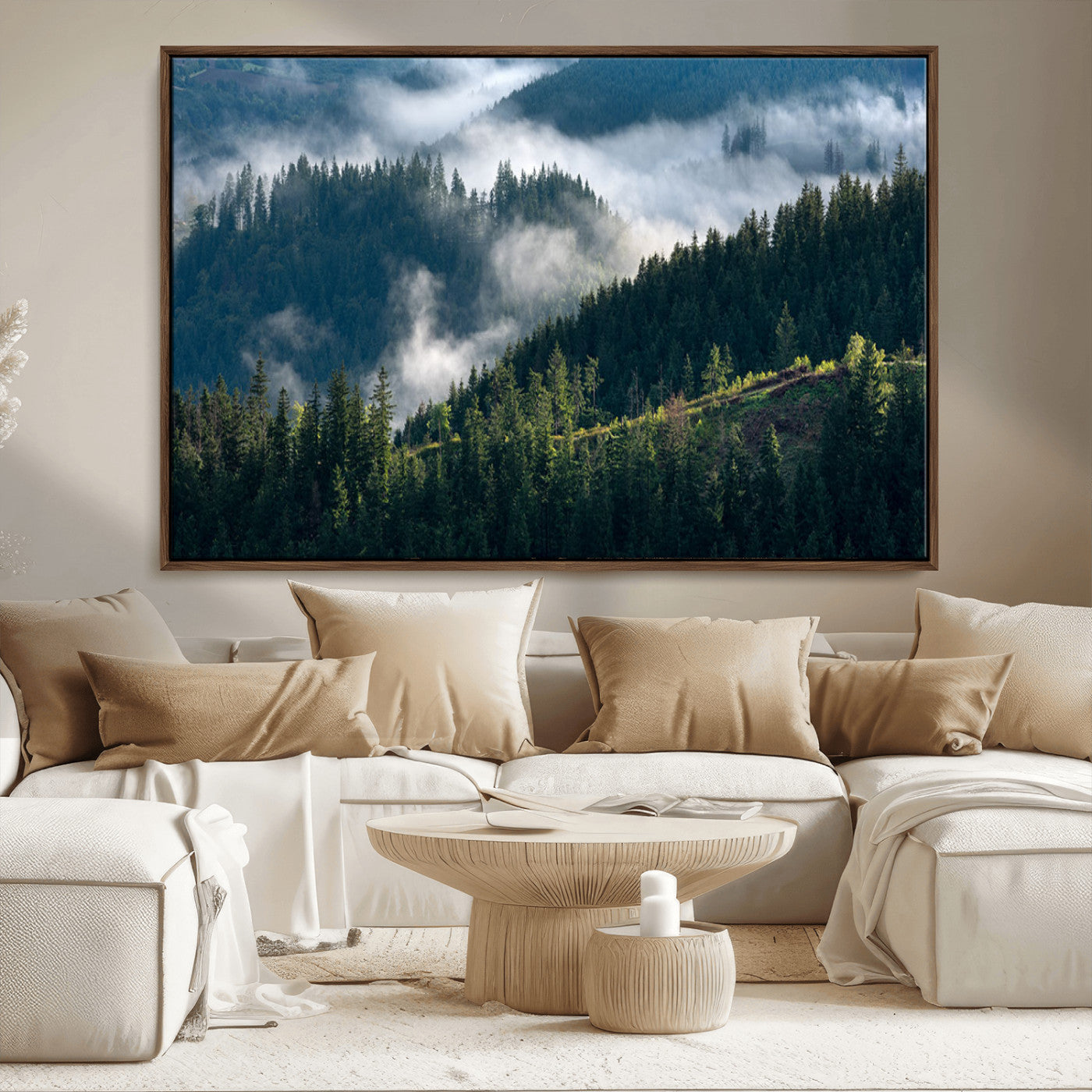 55972-MGV-FC-36X24_Walnut-Whispering Pines Wall Art – Panoramic Misty Forest Canvas Print, Serene Nature Decor for Home, Office or Cabin Retreat