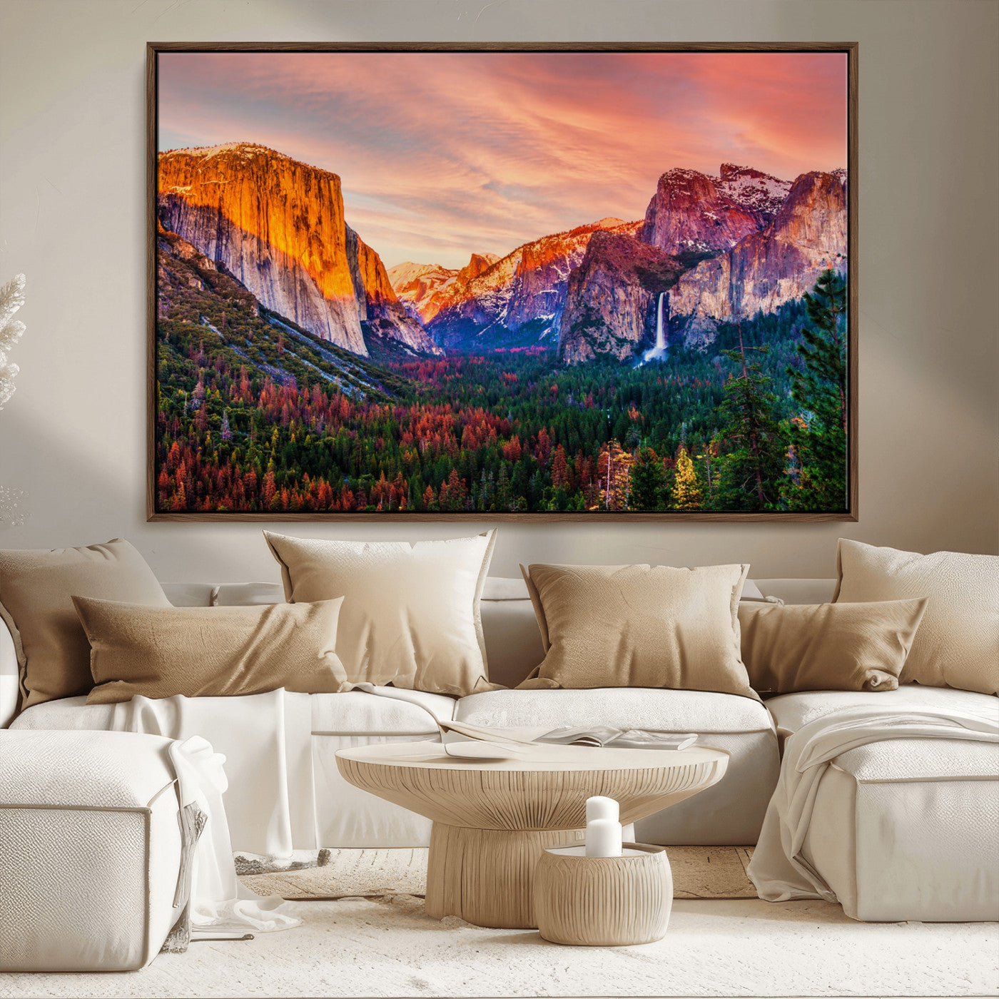 24519-MGV-FC-36X24_Walnut-Yosemite Valley Sunset Wall Art – Majestic Mountain Landscape with Waterfall and Vibrant Sky, Nature Photography for Home or