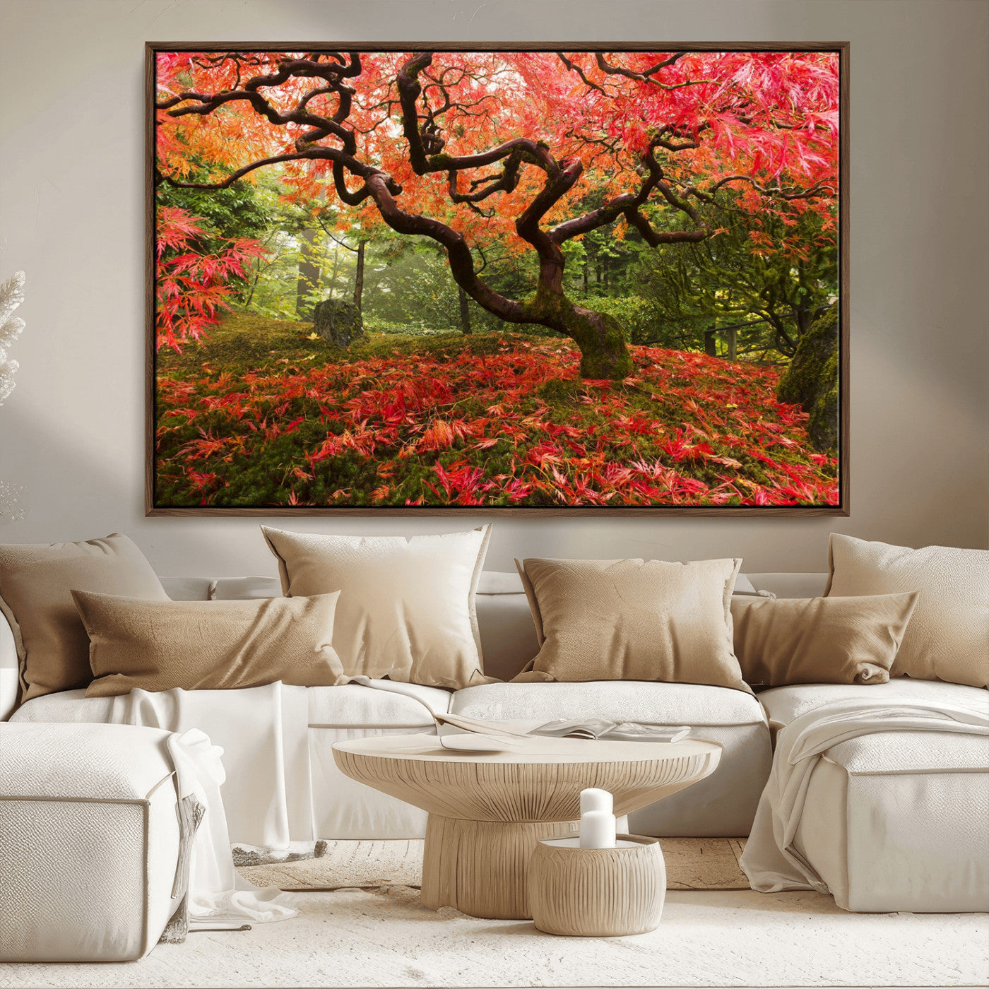 73343-MGV-FC-36X24_Walnut-Autumn Maple Wall Art – Panoramic Vibrant Red Maple Tree Canvas Print, Seasonal Nature Decor for Office, Living Room or Garden
