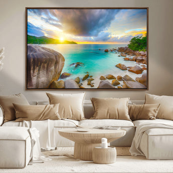 23769-MGV-CV-36X24-Tropical Beach Sunset Wall Art – Ocean Waves and Rocky Shore Canvas Print, Coastal Seascape Photography Decor