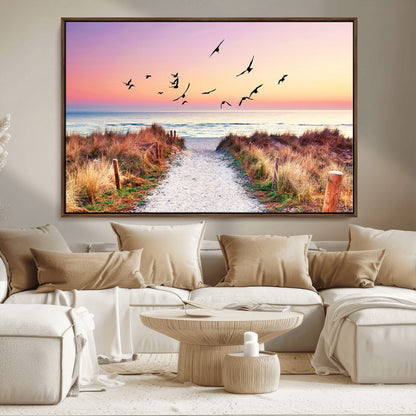 54411-MGV-FC-36X24_Walnut-Coastal Path Sunrise Wall Art – Serene Ocean Canvas Print, Beach Landscape Decor for Living Room, Bedroom or Office, Peaceful