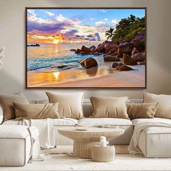 43209-MGV-CV-36X24-Tropical Beach Sunset Wall Art – Golden Ocean Waves and Palm Trees with Rocky Shore Canvas Print, Coastal Seascape Decor for