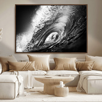 22702-MGV-CV-36X24-Black and White Ocean Wave Wall Art – Powerful Surf Curl Photography Canvas Print, Modern Coastal Decor for Living Room, Office or