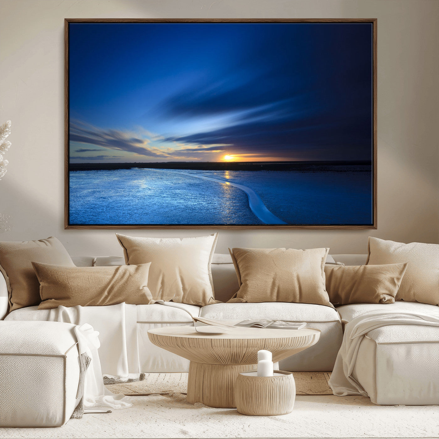 65405-MGV-CV-36X24-Blue Sunrise Seascape Wall Art – Tranquil Ocean Horizon Canvas Print with Golden Sunlight and Deep Sky, Coastal Landscape Decor