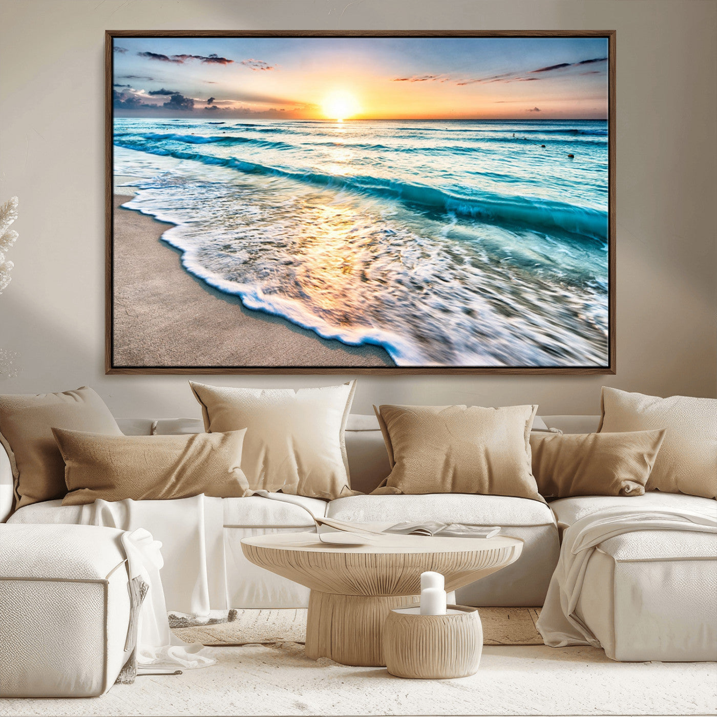 27815-MGV-CV-36X24-Ocean Sunrise Beach Wall Art – Serene Coastal Canvas Print with Waves and Golden Morning Light, Relaxing Seascape Decor for