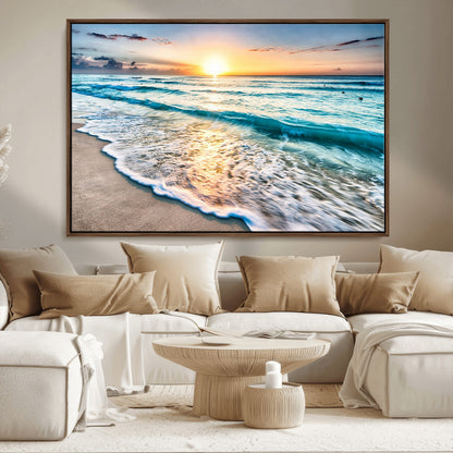 27815-MGV-CV-36X24-Ocean Sunrise Beach Wall Art – Serene Coastal Canvas Print with Waves and Golden Morning Light, Relaxing Seascape Decor for