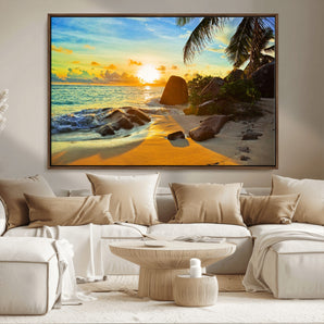 26181-MGV-CV-36X24-Golden Tropical Sunset Beach Wall Art – Ocean Canvas Print with Palm Trees and Rocks, Coastal Paradise Decor for Living Room or