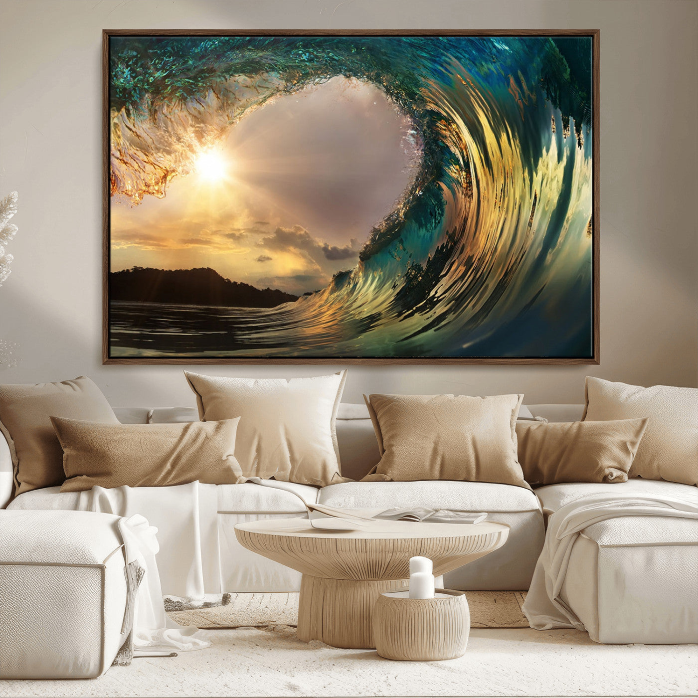 38256-MGV-CV-36X24-Ocean Wave Wall Art – Stunning Sunrise Through Curling Wave Canvas Print, Coastal Surf Photography Seascape Decor for Living Room,