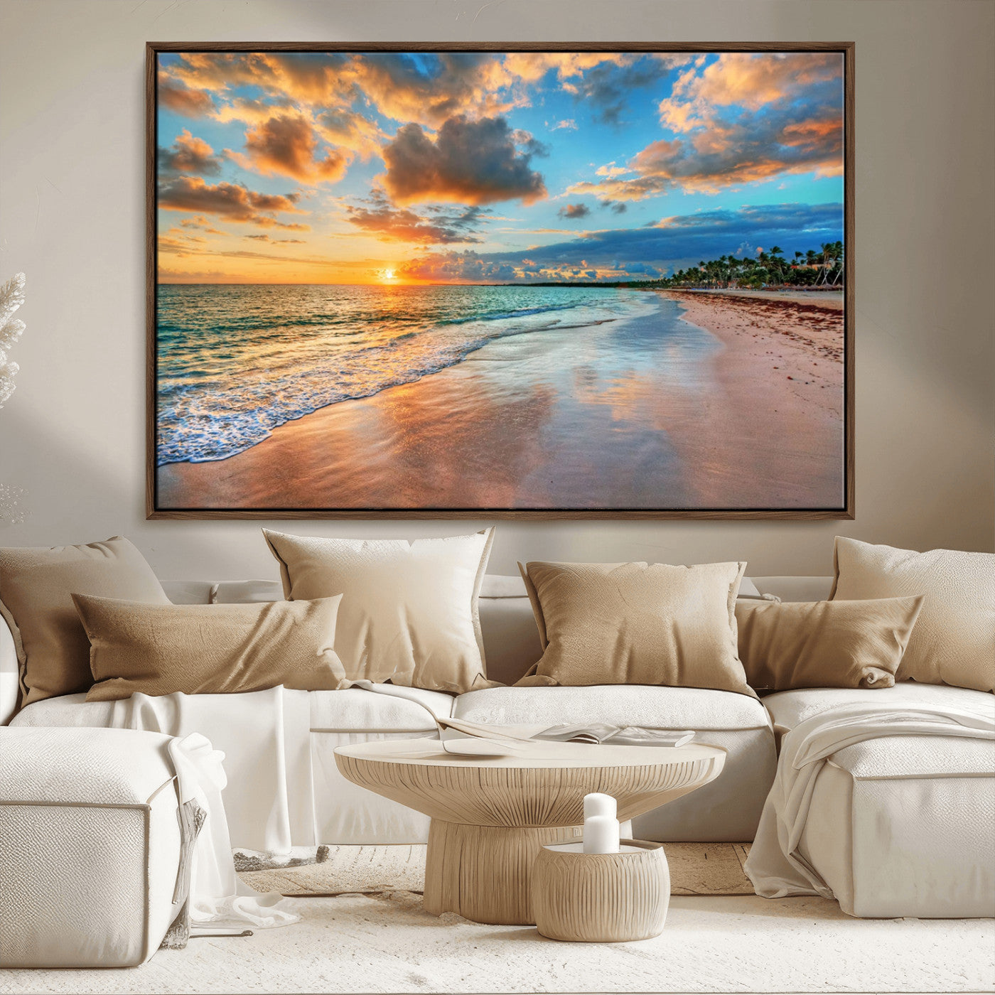 41572-MGV-CV-36X24-Sunset Beach Wall Art – Ocean Waves and Palm Trees Canvas Print, Tropical Coastal Sunset Seascape Decor for Living Room, Bedroom