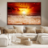 60211-MGV-FC-36X24_Walnut-Fiery Sunset Ocean Waves Canvas Print – Vibrant Red & Orange Coastal Wall Art, Dramatic Seascape Decor