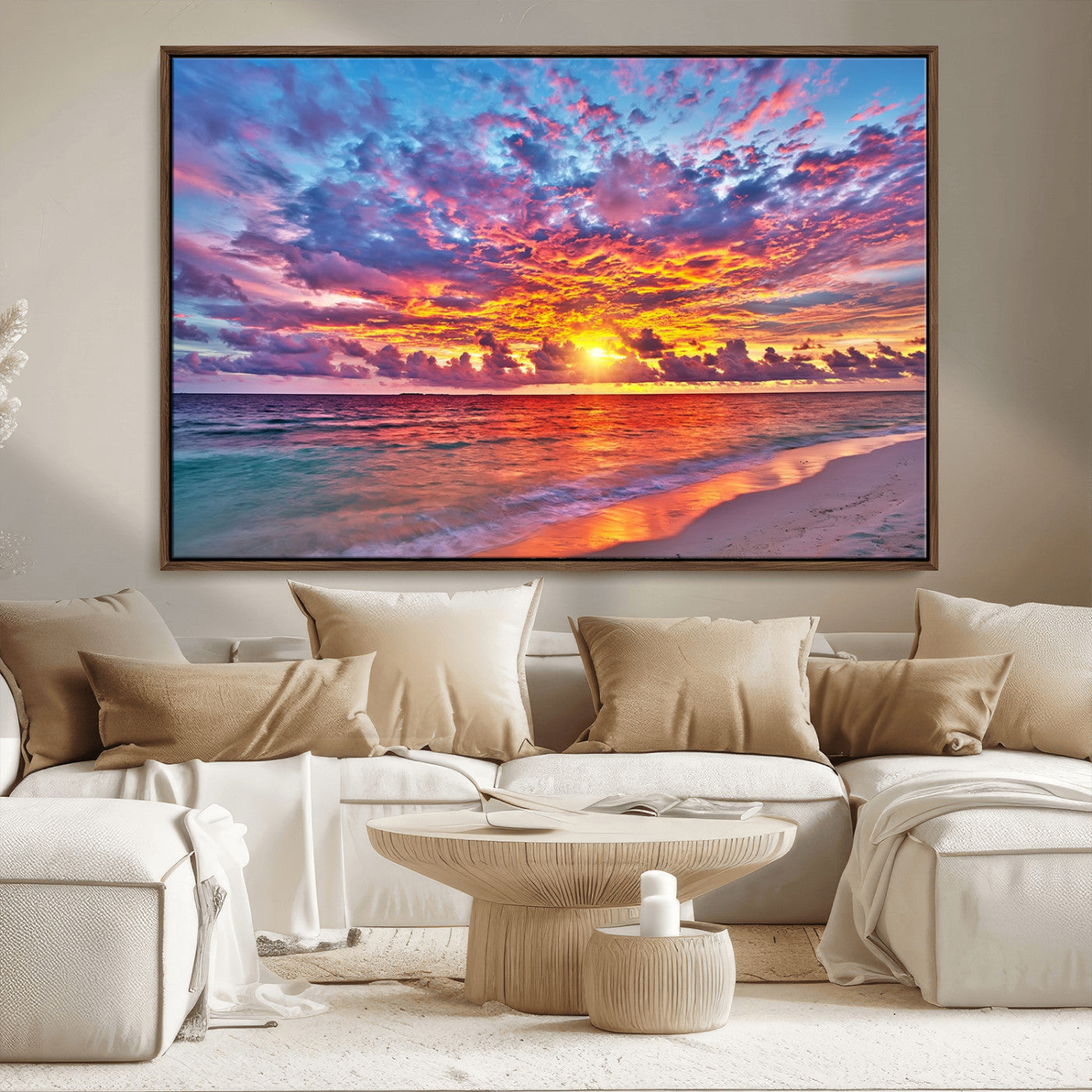 72836-MGV-CV-36X24-Fiery Sunset Beach Wall Art – Panoramic Vibrant Ocean Canvas Print, Dramatic Coastal Decor for Living Room, Bedroom or Office