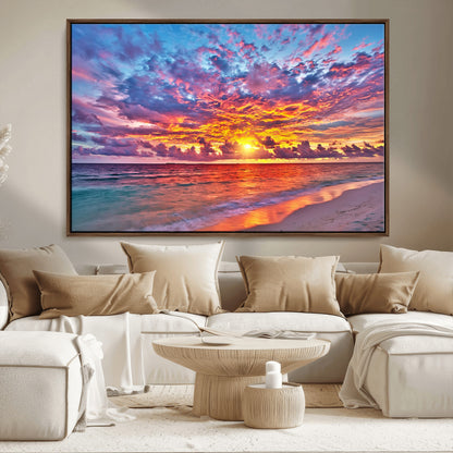 72836-MGV-CV-36X24-Fiery Sunset Beach Wall Art – Panoramic Vibrant Ocean Canvas Print, Dramatic Coastal Decor for Living Room, Bedroom or Office