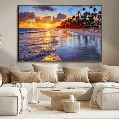 19917-MGV-CV-36X24-Tropical Sunset Beach Wall Art – Panoramic Palm Trees and Ocean Canvas Print, Vibrant Coastal Decor for Living Room, Office or Man
