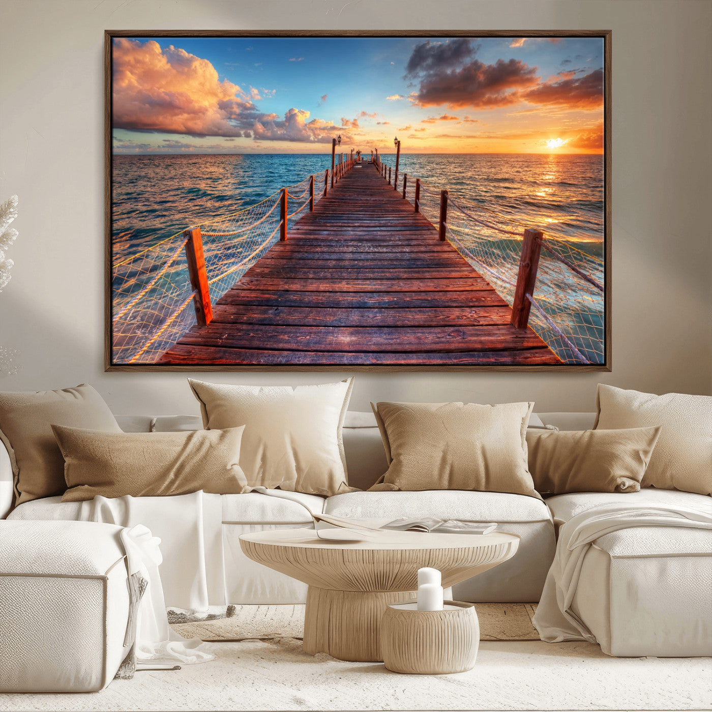 28836-MGV-CV-36X24-Ocean Pier Sunset Wall Art – Wooden Dock and Golden Horizon Canvas Print, Coastal Seascape Photography for Living Room, Bedroom,