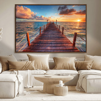 28836-MGV-CV-36X24-Ocean Pier Sunset Wall Art – Wooden Dock and Golden Horizon Canvas Print, Coastal Seascape Photography for Living Room, Bedroom,