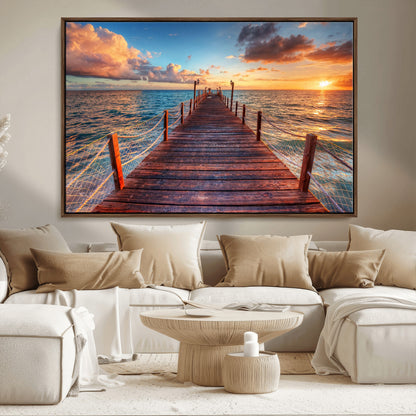 28836-MGV-CV-36X24-Ocean Pier Sunset Wall Art – Wooden Dock and Golden Horizon Canvas Print, Coastal Seascape Photography for Living Room, Bedroom,