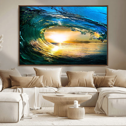 19378-MGV-CV-36X24-Ocean Wave Sunset Wall Art – Vibrant Surf and Golden Horizon Canvas Print, Coastal Seascape Photography for Living Room, Bedroom,
