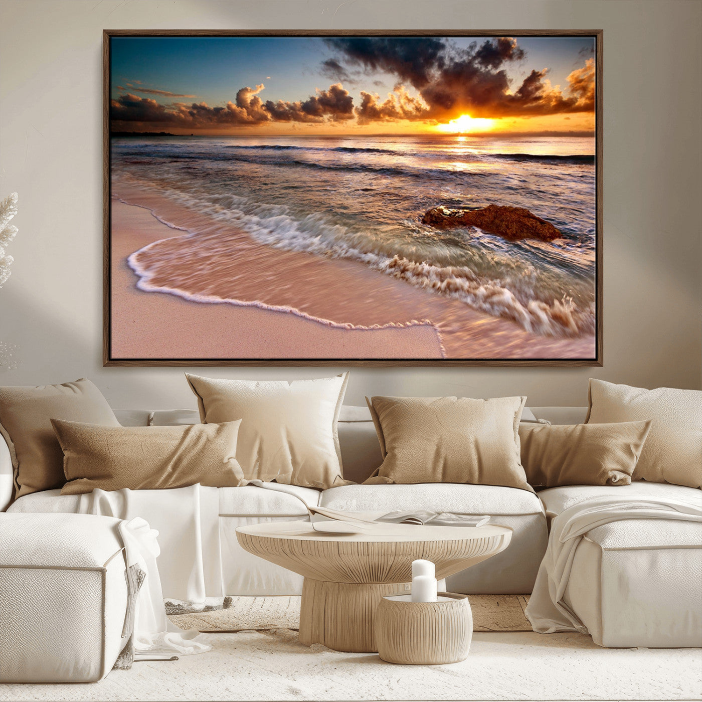 80979-MGV-CV-36X24-Golden Sunrise Beach Wall Art – Ocean Waves and Sandy Shore Canvas Print, Coastal Sunset Photography Artwork for Living Room,