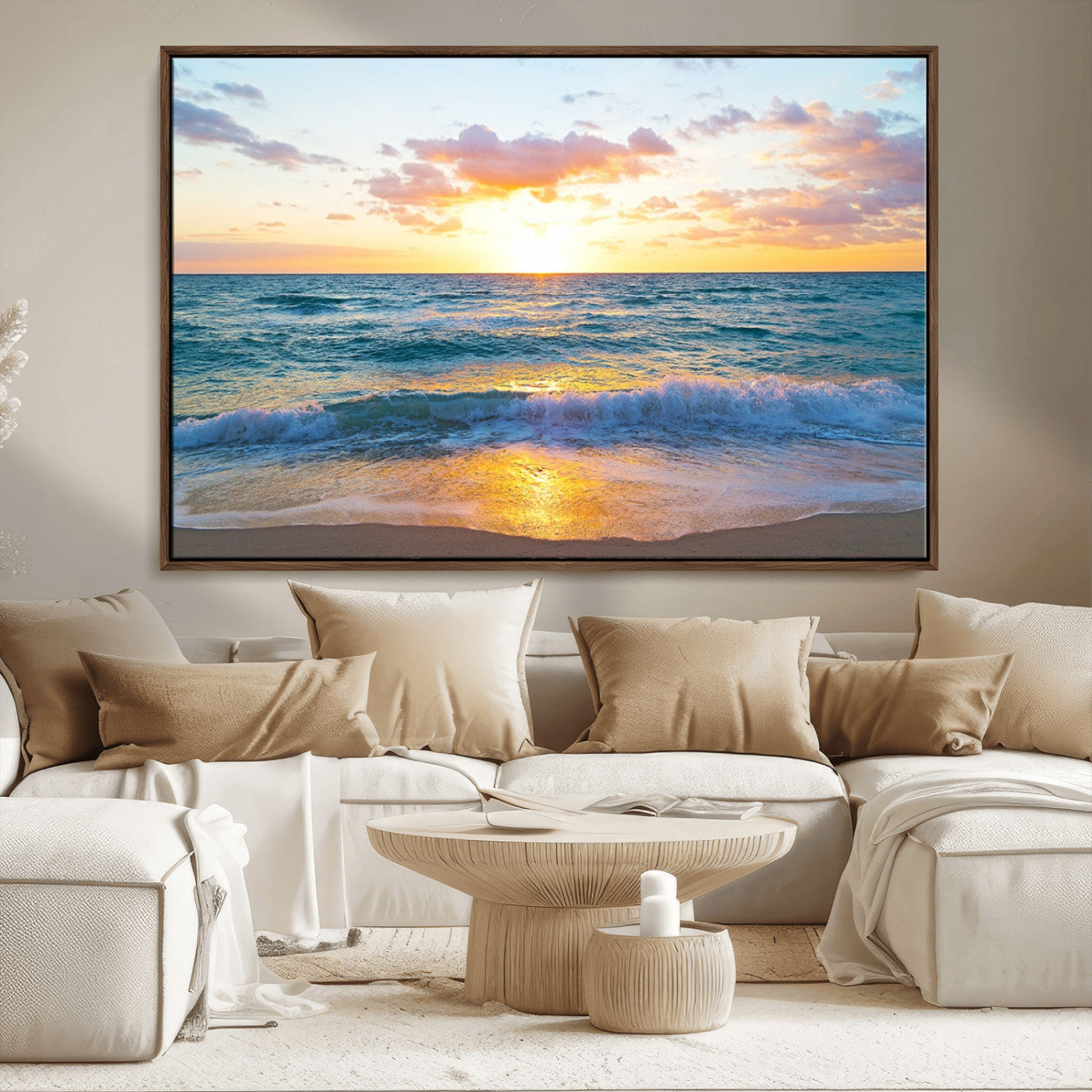78006-MGV-CV-36X24-Golden Sunrise Ocean Wall Art – Panoramic Beach Waves Canvas Print, Coastal Seascape Artwork for Living Room, Bedroom, Office, or