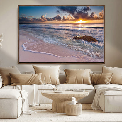 94906-MGV-CV-36X24-Sunrise Beach Wall Art – Panoramic Ocean Waves Canvas Print, Coastal Sunset Seascape Artwork for Living Room, Bedroom, or Office