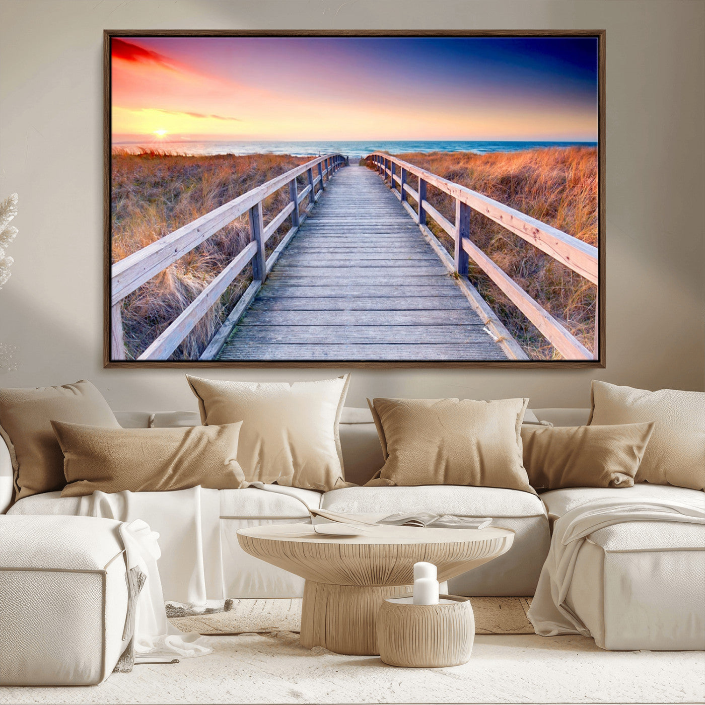 60625-MGV-CV-36X24-Beach Boardwalk Sunrise Wall Art – Coastal Pathway to Ocean Canvas Print, Seaside Landscape Decor for Home or Office