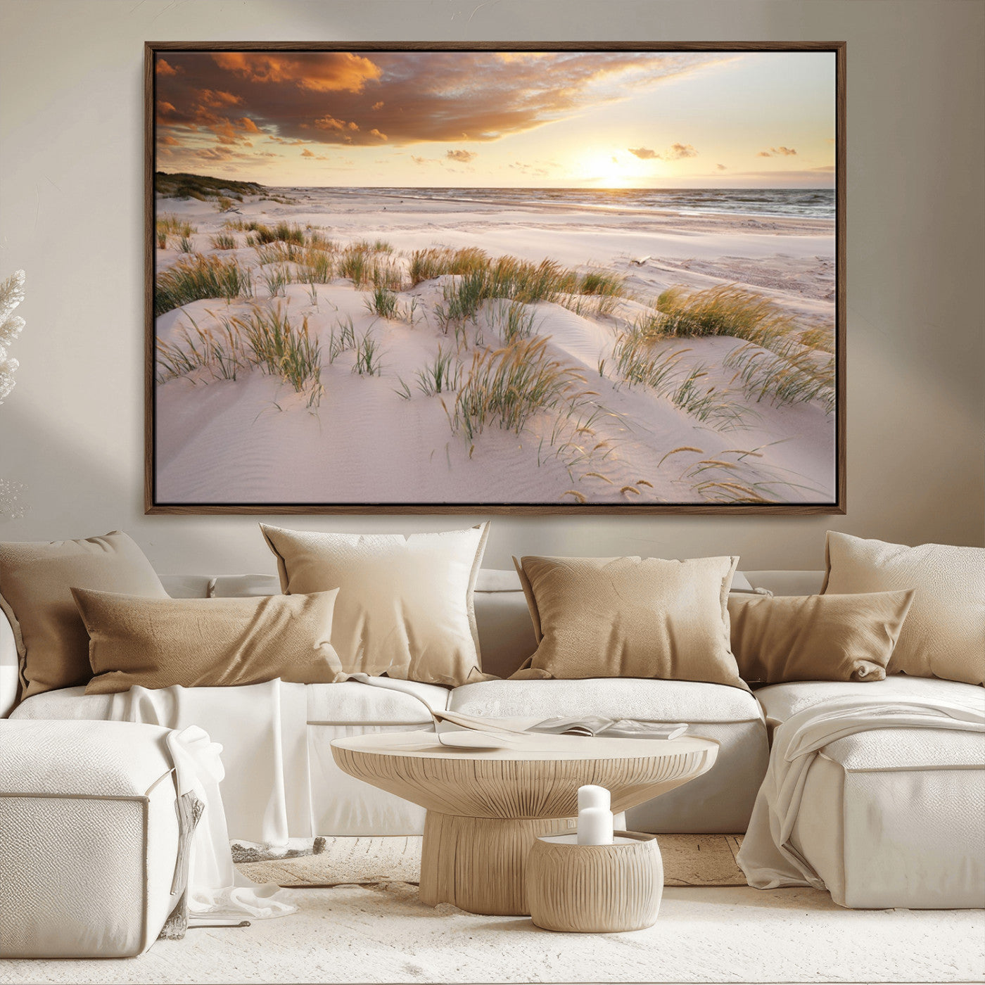 61246-MGV-CV-36X24-Coastal Sand Dunes Wall Art – Serene Beach Sunset Canvas Print with Grasses and Ocean View, Tranquil Seaside Decor for Living Room