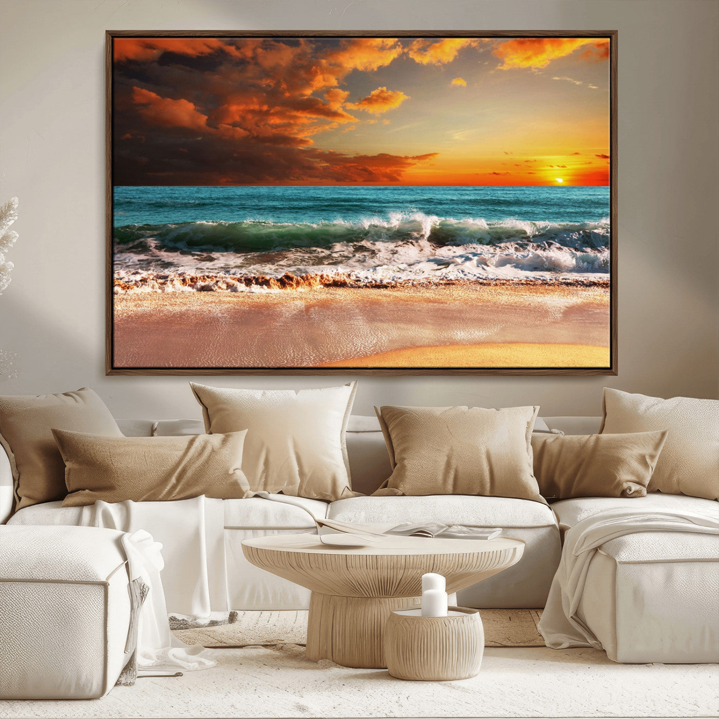 72948-MGV-CV-36X24-Ocean Sunset Wave Wall Art – Dramatic Seascape Canvas Print with Golden Sky and Crashing Waves, Coastal Beach Decor for Living