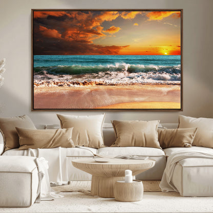 72948-MGV-CV-36X24-Ocean Sunset Wave Wall Art – Dramatic Seascape Canvas Print with Golden Sky and Crashing Waves, Coastal Beach Decor for Living