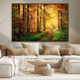 73494-MGV-FC-36X24_Walnut-Golden Autumn Forest Path Wall Art – Sunlit Woodland Canvas Print, Fall Nature Landscape Home Decor
