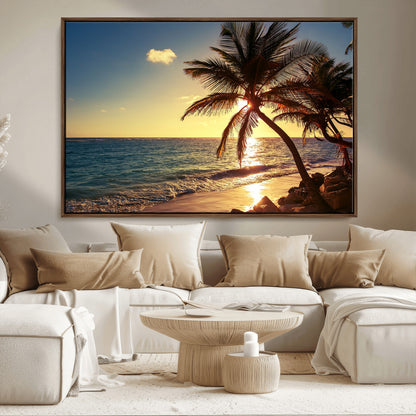 82710-MGV-CV-36X24-Palm Tree Sunset Beach Wall Art – Tropical Ocean Canvas Print, Coastal Paradise Seascape Decor for Living Room or Office Wall