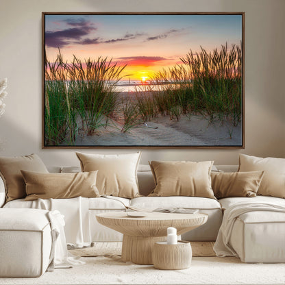 25576-MGV-CV-36X24-Beach Grass Sunset Wall Art – Coastal Sand Dune Landscape Canvas Print, Ocean View Nature Decor for Living Room or Office Wall