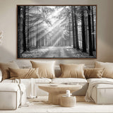 39665-MGV-CV-36X24-Black and White Forest Path Wall Art – Sunlight Rays in Trees Canvas Print, Nature Landscape Decor for Living Room