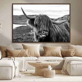 83810-MGV-FC-36X24_Walnut-Highland Cow Wall Art – Black and White Highland Cattle Print, Rustic Farmhouse Animal Decor for Living Room or Office