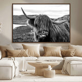 83810-MGV-CV-36X24-Highland Cow Wall Art – Black and White Highland Cattle Print, Rustic Farmhouse Animal Decor for Living Room