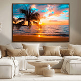 34674-MGV-CV-36X24-Tropical Sunset Beach Wall Art – Palm Tree Ocean Canvas Print, Coastal Seascape Decor for Living Room or Office Wall
