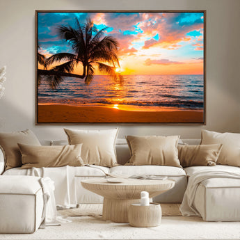 34674-MGV-CV-36X24-Tropical Sunset Beach Wall Art – Palm Tree Ocean Canvas Print, Coastal Seascape Decor for Living Room or Office Wall