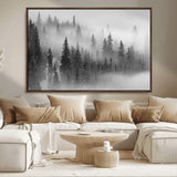 57235-MGV-CV-36X24-Misty Pine Forest Wall Art – Black and White Mountain Landscape Canvas Print, Nature Woodland Decor for Living Room, Bedroom or