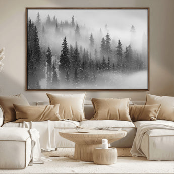 57235-MGV-CV-36X24-Misty Pine Forest Wall Art – Black and White Mountain Landscape Canvas Print, Nature Woodland Decor for Living Room, Bedroom or