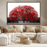 80021-MGV-CV-36X24-Red Tree Wall Art – Striking Black and White Landscape Canvas Print with Vibrant Red Leaves, Modern Nature Decor for Living Room