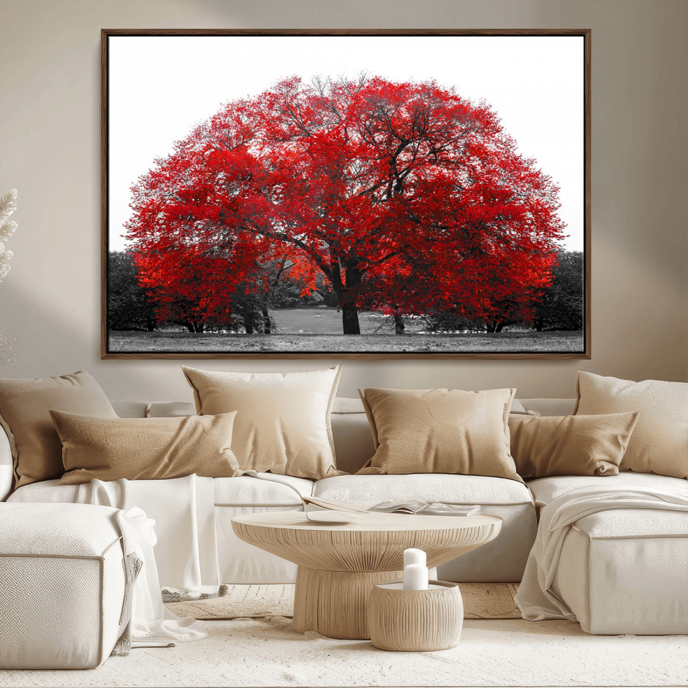80021-MGV-CV-36X24-Red Tree Wall Art – Striking Black and White Landscape Canvas Print with Vibrant Red Leaves, Modern Nature Decor for Living Room