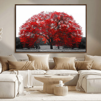 80021-MGV-CV-36X24-Red Tree Wall Art – Striking Black and White Landscape Canvas Print with Vibrant Red Leaves, Modern Nature Decor for Living Room