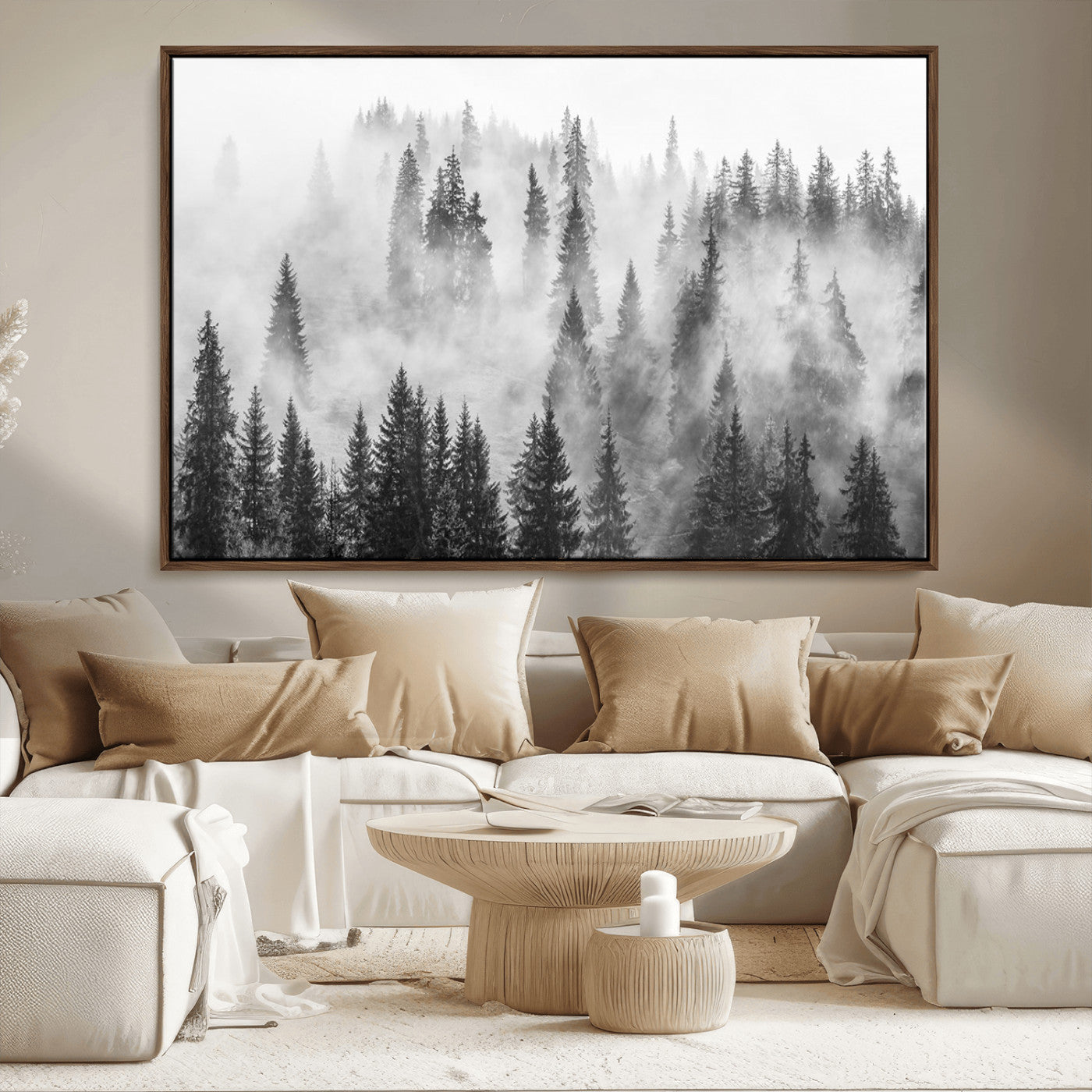 10422-MGV-CV-36X24-Misty Pine Forest Wall Art – Black and White Foggy Landscape Canvas Print, Serene Nature Woodland Decor for Bedroom, Office or