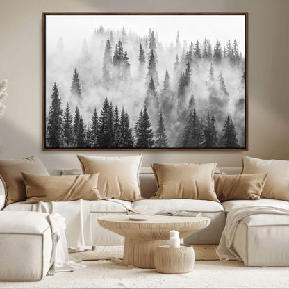 10422-MGV-CV-36X24-Misty Pine Forest Wall Art – Black and White Foggy Landscape Canvas Print, Serene Nature Woodland Decor for Bedroom, Office or